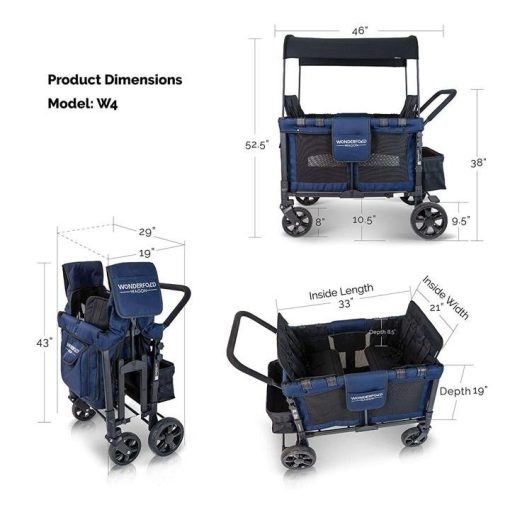 Baby Multi-Function Four Passenger Wagon Folding Quad Stroller with Removable Reversible Canopy & Seats up to 4 Toddlers, Navy - Image 3