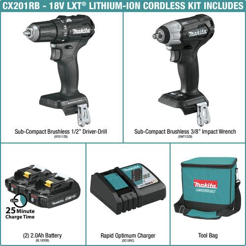 Factory Reconditioned Makita 18V LXT Lithium-Ion Sub-Compact Brushless Cordless Drill Driver – Impact Wrench Kit (2 Ah) - CX201RB-R - Image 2