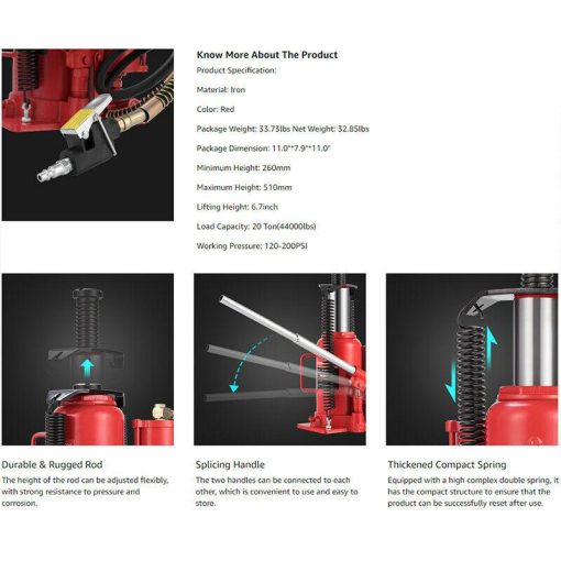 20 Ton Pneumatic Air Hydraulic Bottle Jack with Manual Hand Pump Automotive Repair - Image 9
