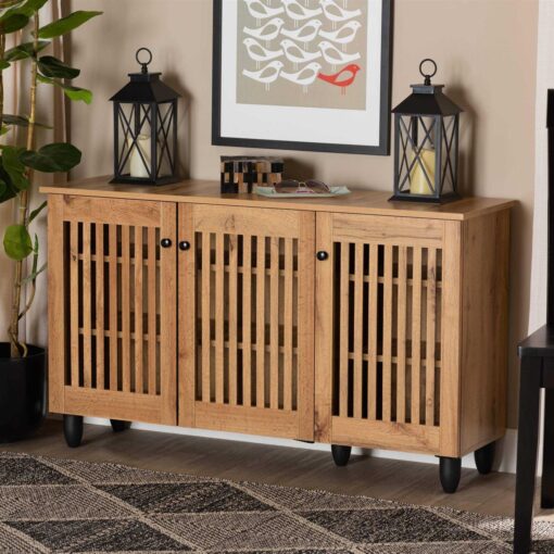Baxton Studio Fernanda Oak Brown Finished Wood 3-Door Shoe Cabinet
