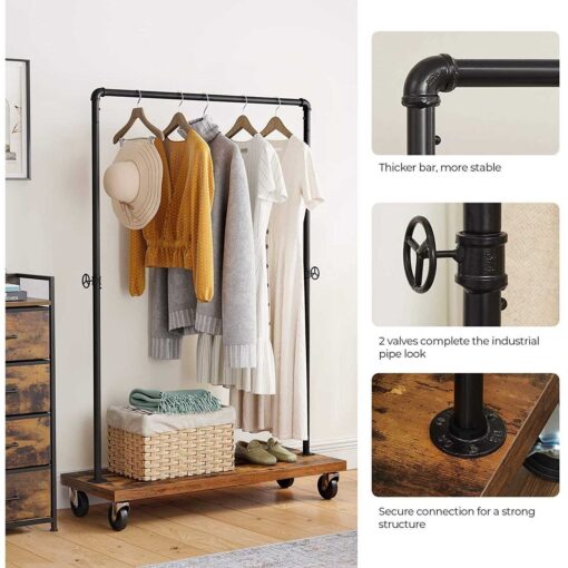 VASAGLE Clothes Rack Heavy Duty Clothing Rack Industrial Pipe Style Rolling Garment Rack with Shelf - Image 2