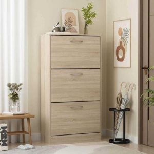 FUFU&GAGA 3-Drawer 18-Pair Brown Wood Shoe Storage Cabinet with Foldable Compartments 22.4 in. W x 42.1 in. H