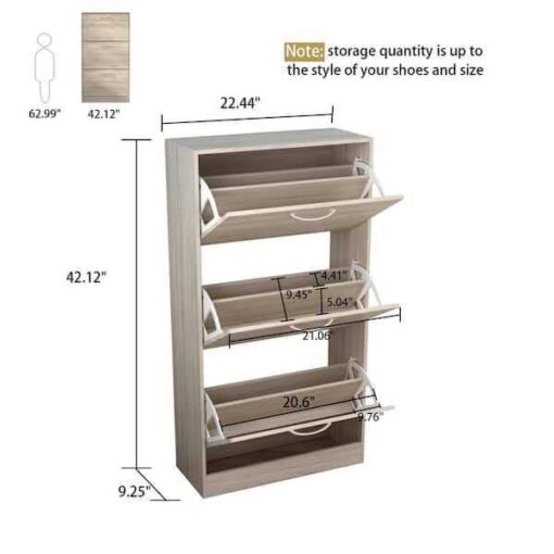 FUFU&GAGA 3-Drawer 18-Pair Brown Wood Shoe Storage Cabinet with Foldable Compartments 22.4 in. W x 42.1 in. H - Image 2