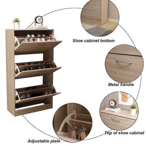 FUFU&GAGA 3-Drawer 18-Pair Brown Wood Shoe Storage Cabinet with Foldable Compartments 22.4 in. W x 42.1 in. H - Image 4