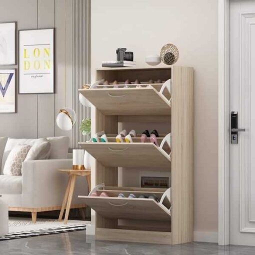 FUFU&GAGA 3-Drawer 18-Pair Brown Wood Shoe Storage Cabinet with Foldable Compartments 22.4 in. W x 42.1 in. H - Image 5