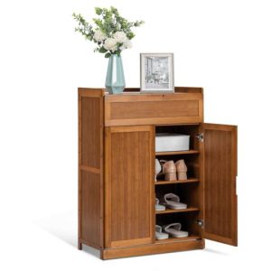 5 Tiers Bamboo Shoe Rack Cabinet with Door 8 Pairs of Shoes Stand Storage for Living Room Hallway MoNiBloom