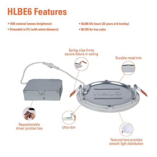 HALO HLBE 6 in. Ultra-Slim Downlight 3000K Fixed CCT New Construction/Remodel Integrated LED Recessed Light Kit - Image 2