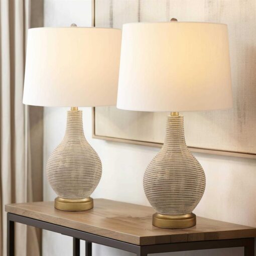 True Fine Richland 24.5 in. Beige/Gold Indoor Table Lamp Set with White Linen Shade 20030T-2PK - Image 2