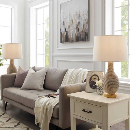 True Fine Richland 24.5 in. Beige/Gold Indoor Table Lamp Set with White Linen Shade 20030T-2PK - Image 3