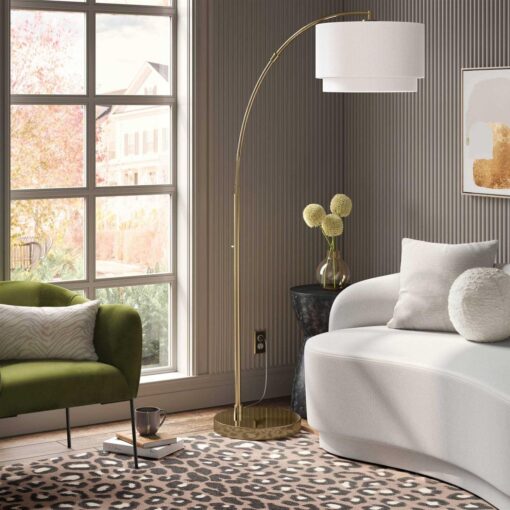 Threshold Knurled Metal Arc Floor Lamp with Tiered Shade Brass - Image 3