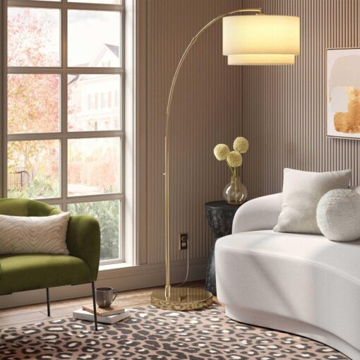 Threshold Knurled Metal Arc Floor Lamp with Tiered Shade Brass - Image 4