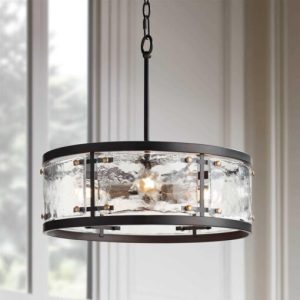 Possini Euro Design Campanelli Bronze Brass Pendant Chandelier Lighting 19 Wide Farmhouse Rustic Drum Waterglass Shade 4-Light Fixture for Dining