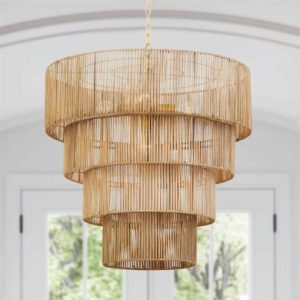 KAWOTI 5-Light Distressed Gold Oversize Pendant Light with Rattan Shade 21175