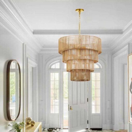 KAWOTI 5-Light Distressed Gold Oversize Pendant Light with Rattan Shade 21175 - Image 3