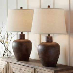 Regency Hill Glenn Rustic Farmhouse Table Lamps 27 Tall Set of 2 Dark Terra Cotta Tapered Fabric Drum for Bedroom Living Room Bedside Nightstand Home