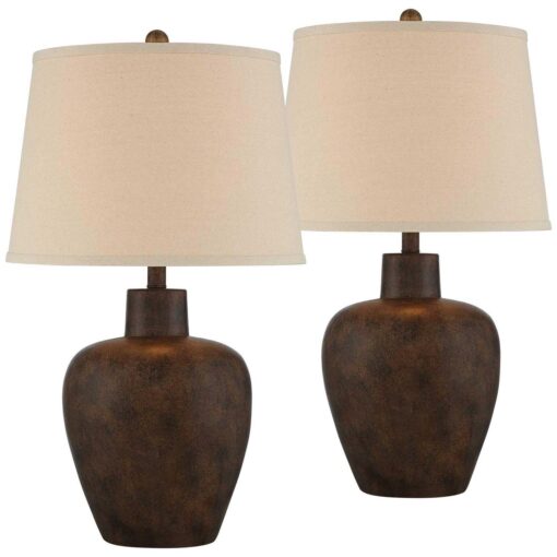 Regency Hill Glenn Rustic Farmhouse Table Lamps 27 Tall Set of 2 Dark Terra Cotta Tapered Fabric Drum for Bedroom Living Room Bedside Nightstand Home - Image 5