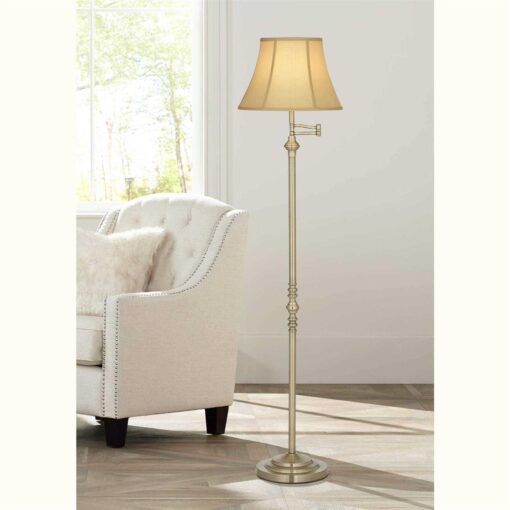 Regency Hill Montebello Traditional Adjustable Swing Arm Floor Lamp Standing 60 Tall Antique Brass Metal Column Golden Tan Bell Shade for Living - Image 2