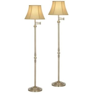 Regency Hill Montebello Traditional Adjustable Swing Arm Floor Lamp Standing 60 Tall Antique Brass Metal Column Golden Tan Bell Shade for Living