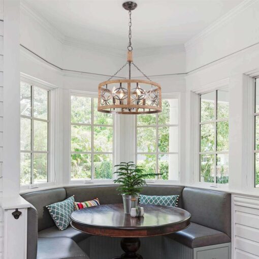 Oaks Aura Rustic Farmhouse 4-Light Wood Ceiling Light Drum Shabby Chic Wood Chandelier FC4058-4H - Image 3
