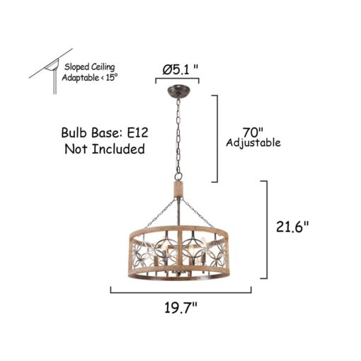 Oaks Aura Rustic Farmhouse 4-Light Wood Ceiling Light Drum Shabby Chic Wood Chandelier FC4058-4H - Image 5
