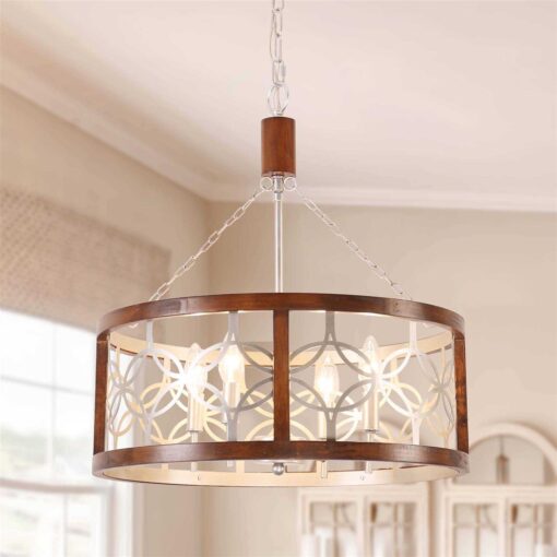 Oaks Aura Rustic Farmhouse 4-Light Wood Ceiling Light Drum Shabby Chic Wood Chandelier FC4058-4H