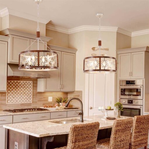 Oaks Aura Rustic Farmhouse 4-Light Wood Ceiling Light Drum Shabby Chic Wood Chandelier FC4058-4H - Image 2