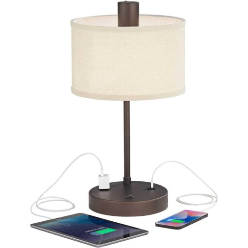 360 Lighting Modern Desk Table Lamp with USB and AC Power Outlet in Base Bronze Linen Uno Fitter Drum Shade for Bedroom Bedside - Image 2