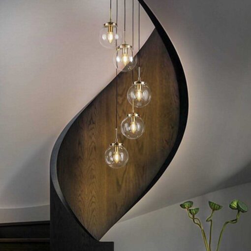 Modern Staircase Clear Globe Bubble Glass Linear Chandelier 5-Lights Brass Pendant Light Corrigan Studio