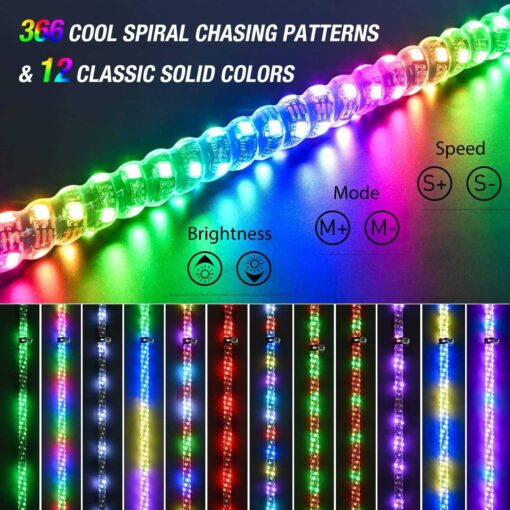 Nilight 2-Piece Spiral Rgb Led Whip Light with Rgb Chasing/Dancing Light Rf Remote Control Lighted Antenna Whips For Can-am Atv Utv Rzr Polaris Dune Bug - Image 2