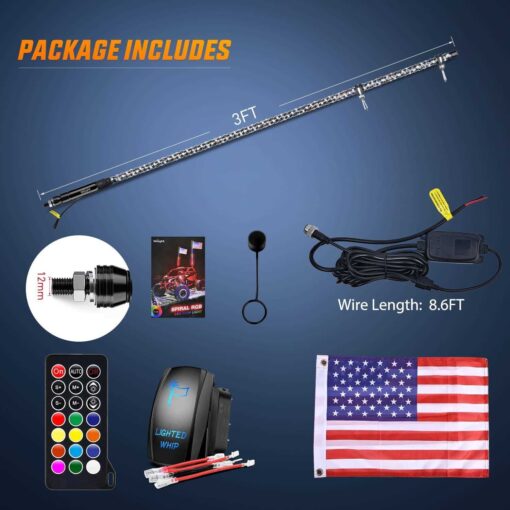 Nilight 2-Piece Spiral Rgb Led Whip Light with Rgb Chasing/Dancing Light Rf Remote Control Lighted Antenna Whips For Can-am Atv Utv Rzr Polaris Dune Bug - Image 4