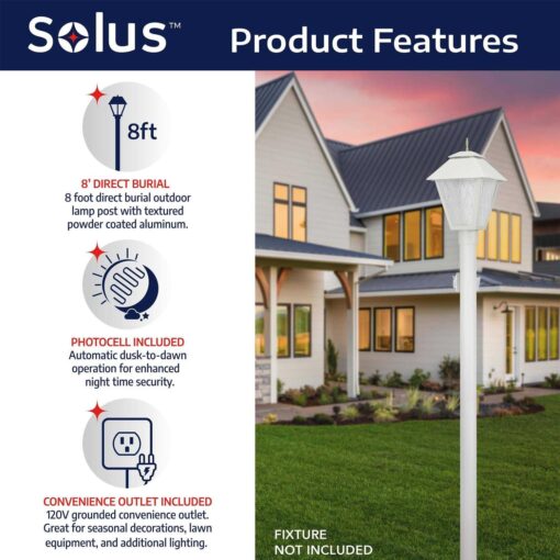 Solus 8 ft Outdoor Direct Burial Lamp Post with Convenience Outlet Fits 3 in. Post Top - Image 4