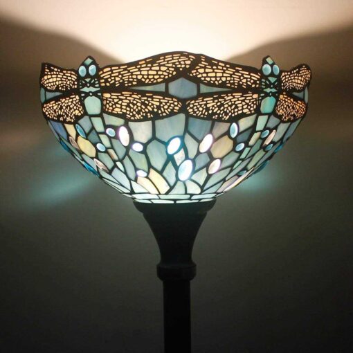 WERFACTORY Tiffany Lamp Shade Replacement 12X6 Inch Sea Blue Stained Glass Dragonfly Lampshade Only 1-5/8-Inch Fitter Opening for Arched Floor Lamp - Image 3
