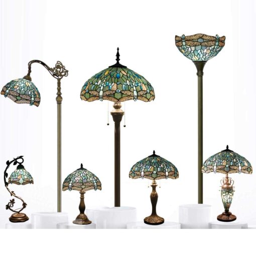 WERFACTORY Tiffany Lamp Shade Replacement 12X6 Inch Sea Blue Stained Glass Dragonfly Lampshade Only 1-5/8-Inch Fitter Opening for Arched Floor Lamp - Image 5