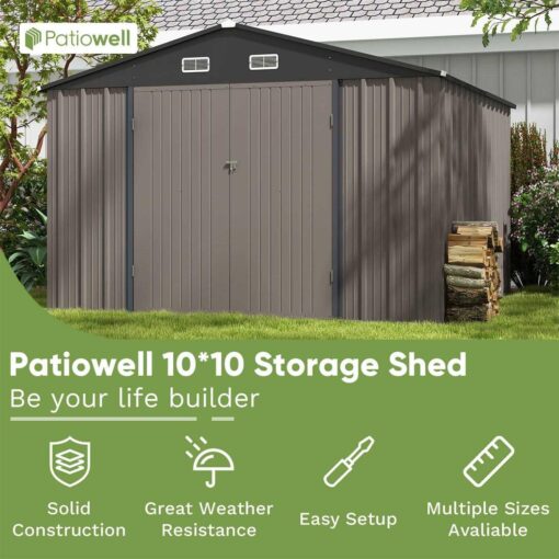 Patiowell 10' x Metal Outdoor Storage Shed Kits with Sloping Roof and Double Lockable Door - Image 2