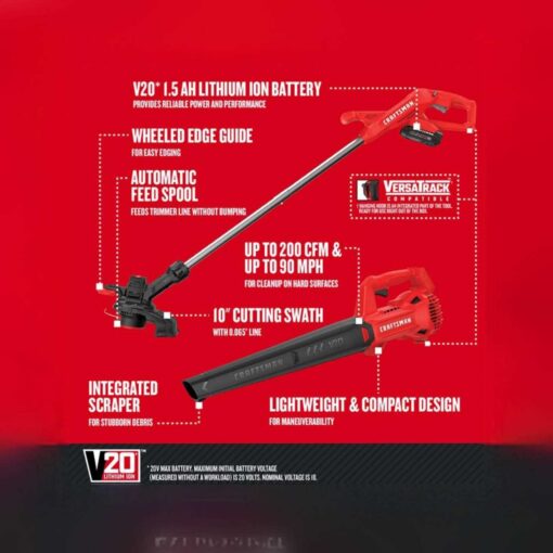 Craftsman CMCK279C2 10 in. Battery Blower/Trimmer Combo Kit - V20 - Image 3
