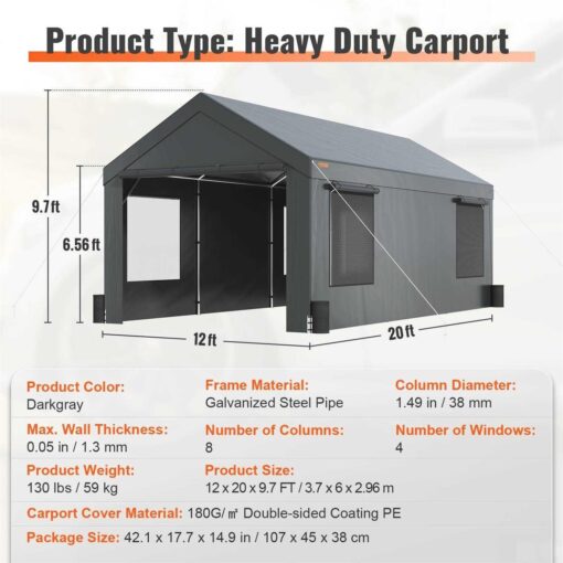 VEVOR Carport Heavy Duty Car Canopy Portable Garage with Roll-up Ventilated Windows - Image 4