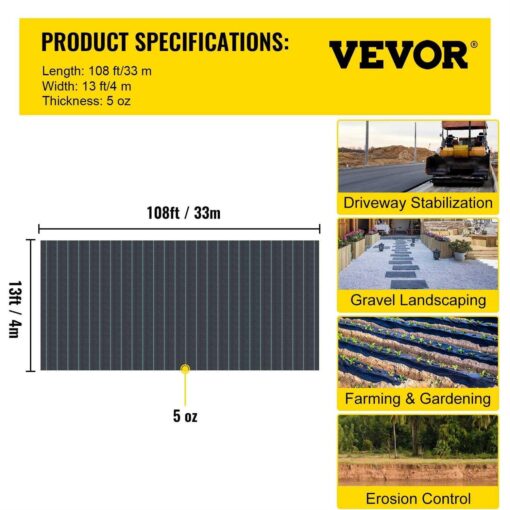 VEVOR Commercial Grade Driveway Fabric Weed Barrier Landscape Fabric for Walking Path - Image 2