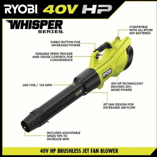 RYOBI 40V HP Brushless Whisper Series 155 MPH 600 CFM Cordless Blower & Leaf Battery and - Image 2