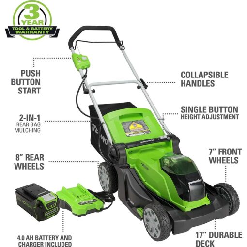 Greenworks 40V 17 Cordless Lawn Mower, 4.0Ah Battery and Charger Included - Image 4