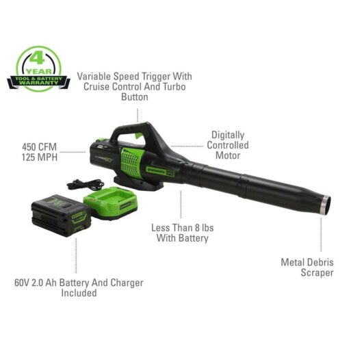 Greenworks 60V 450 CFM Cordless Battery Leaf Blower with 2.0Ah Battery & Charger - Image 3