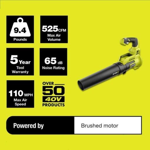 RYOBI 110 MPH 525 CFM 40-Volt Cordless Lithium-Ion Jet Fan Leaf Blower - Image 2