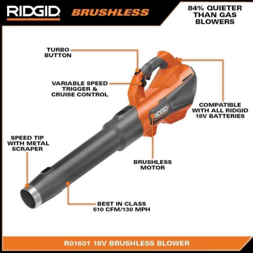 RIDGID 18V Brushless 130 MPH 510 CFM Cordless Battery Leaf Blower - Image 2