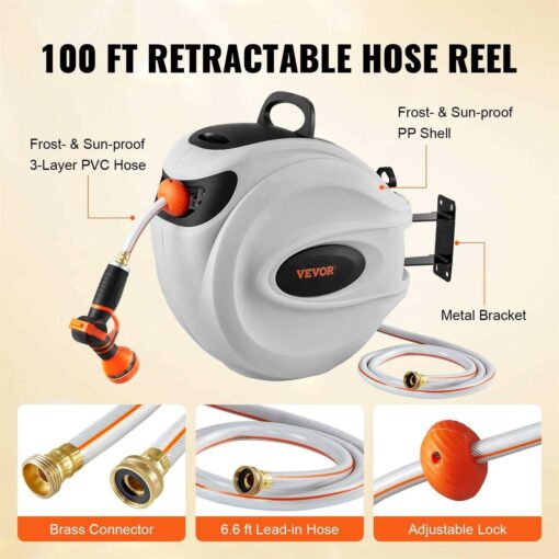 Bentism Retractable Hose Reel 100 ft x 1/2 inch 180 Swivel Bracket Wall-Mounted - Image 4