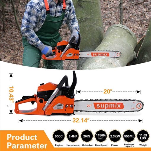 Gas Chainsaw 62CC Power Chain Saw 20 Inch Guide Board Chain saws 2-Cycle Gasoline Handheld Cordless Petrol Chain saws for Trees Gas Powered Farm - Image 3