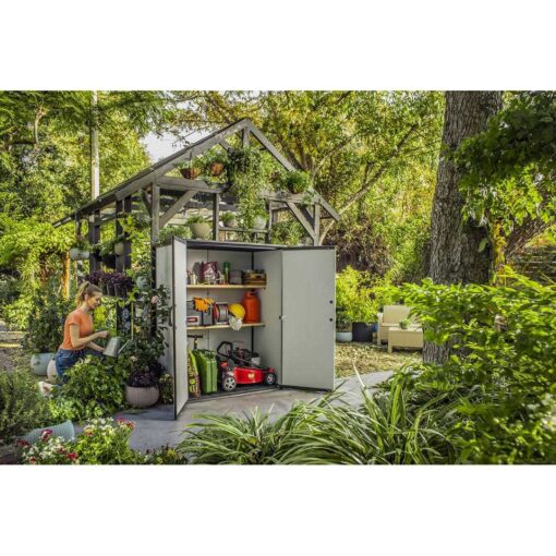 Keter Premier Tall Resin Outdoor Storage Shed with Shelving Brackets for Patio Furniture, Pool Accessories, and Bikes - Image 2
