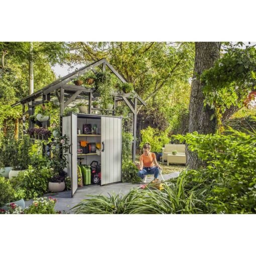 Keter Premier Tall Resin Outdoor Storage Shed with Shelving Brackets for Patio Furniture, Pool Accessories, and Bikes - Image 5
