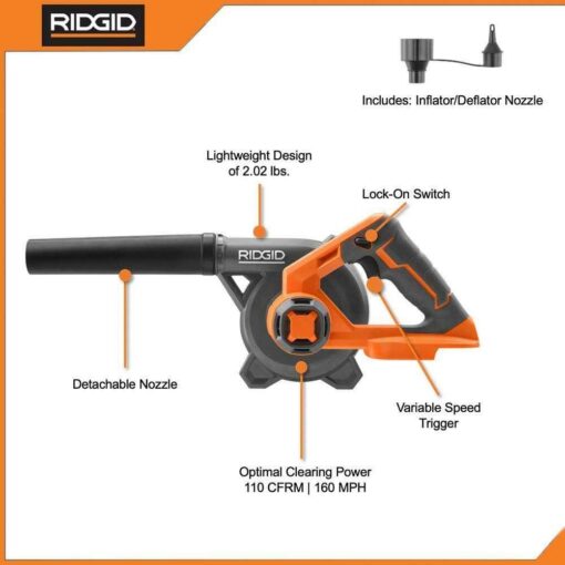 Ridgid 18V Cordless Lithium-Ion Compact Jobsite Blower with Inflator/Deflator Nozzle - Image 4