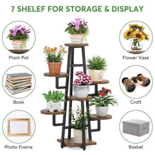 BYBLIGHT Wellston 43.3 in. Rustic Brown Rectangle Wood Indoor Plant Stand with 7 Tier - Image 2