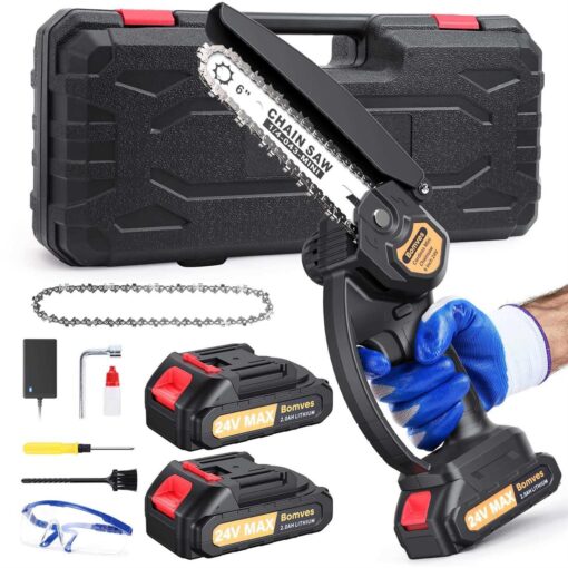Cordless Mini Chainsaw 6-INCH Electric Power Chainsaw Battery Powered 2-Piece 24V 2000MAH Rechargeable Battery with Splash Guard for Wood Cutting