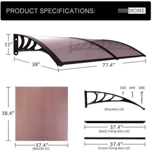 Vivohome Polycarbonate Window Door Awning Canopy Black Bracket 40 Inch x - Image 5
